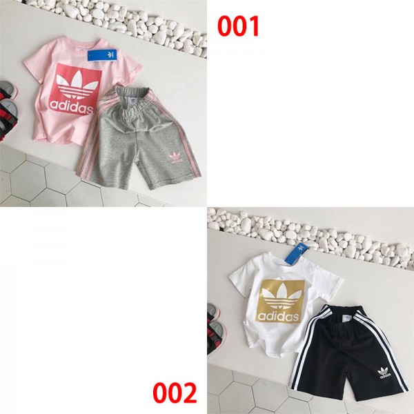 Adidas アディダスハイブランド子供服 男の子 半袖tシャツ ショートパンツ 短パン 女の子 綿 上下セットアップ 夏服 キッズ ストライプトップス 男女兼用 上着 カジュアル クールネック 普段着 ボーダー