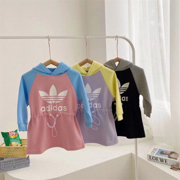 Adidas アディダスブランド子供服 女の子 パーカーワンピース ドレス ガールズ キッズ スウェットワンピース 長袖 100 - 150cm カジュアル ジュニア服 おしゃれ 可愛い 春秋 通園 通学 普段着 洋服 ゆったり 韓国風 HIPHOP ダンス衣装