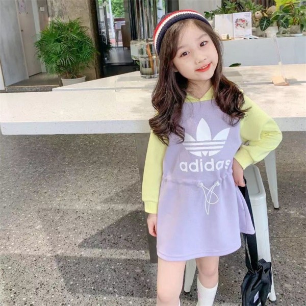 Adidas アディダスブランド子供服 女の子 パーカーワンピース ドレス ガールズ キッズ スウェットワンピース 長袖 100 - 150cm カジュアル ジュニア服 おしゃれ 可愛い 春秋 通園 通学 普段着 洋服 ゆったり 韓国風 HIPHOP ダンス衣装