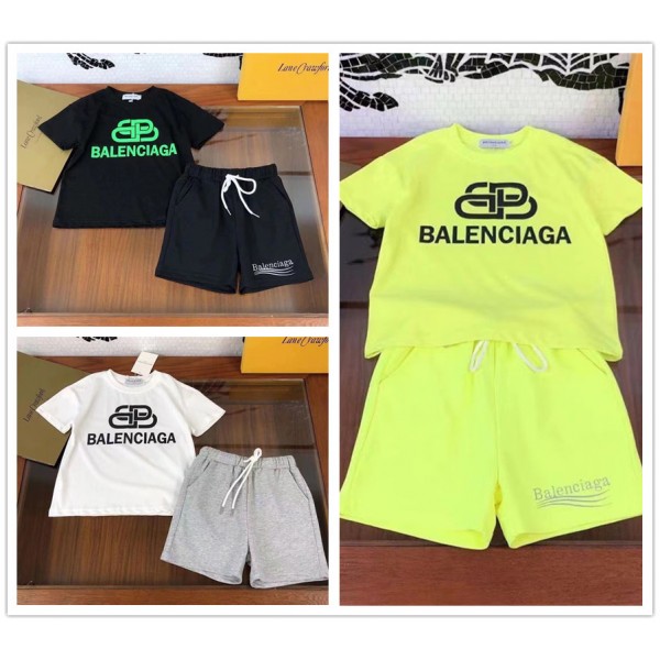 Balenciaga バレンシアガ ブランド 子供服 tシャツ ハーフパンツ 2点セット ファッション 潮流 定番ロゴ 半袖 tシャツ 半ズボン スーツ 肌に優しい 快適 キッズ服