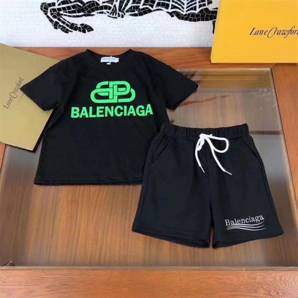 バレンシアガ ブランド 子供服 tシャツ ハーフパンツ 2点セット Balenciaga ファッション 潮流 定番ロゴ 半袖 tシャツ 半ズボン スーツ 肌に優しい 快適 キッズ服