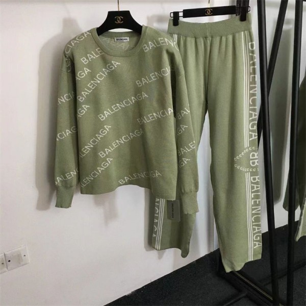 Balenciaga バレンシアガハイブランドレディース ニット 2点セット セットアップ 上下セット 二点セット ニットセーター ニットトップス ニットパンツ ワイドパンツ バイカラー パンツスーツ ファッション カジュアル 可愛い レトロ 通勤 通学 秋冬