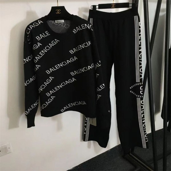 Balenciaga バレンシアガハイブランドレディース ニット 2点セット セットアップ 上下セット 二点セット ニットセーター ニットトップス ニットパンツ ワイドパンツ バイカラー パンツスーツ ファッション カジュアル 可愛い レトロ 通勤 通学 秋冬