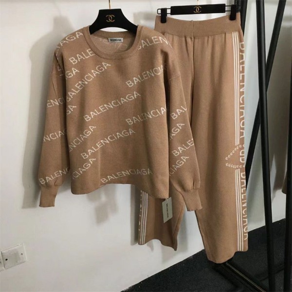 Balenciaga バレンシアガハイブランドレディース ニット 2点セット セットアップ 上下セット 二点セット ニットセーター ニットトップス ニットパンツ ワイドパンツ バイカラー パンツスーツ ファッション カジュアル 可愛い レトロ 通勤 通学 秋冬