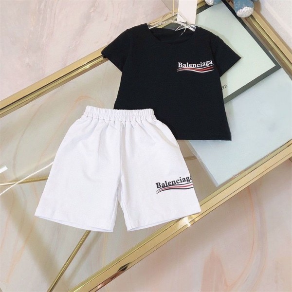 Balenciaga バレンシアガ ブランドキッズ ボーイズ 男の子 半袖tシャツ2点セット 90 - 160cm 上下セットジャージ 半袖Tシャツ ショートパンツ 夏服 小学生 カジュアル かっこいい アウトドアスポーツ スウェット ルームウェア