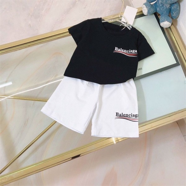 Balenciaga バレンシアガ ブランドキッズ ボーイズ 男の子 半袖tシャツ2点セット 90 - 160cm 上下セットジャージ 半袖Tシャツ ショートパンツ 夏服 小学生 カジュアル かっこいい アウトドアスポーツ スウェット ルームウェア