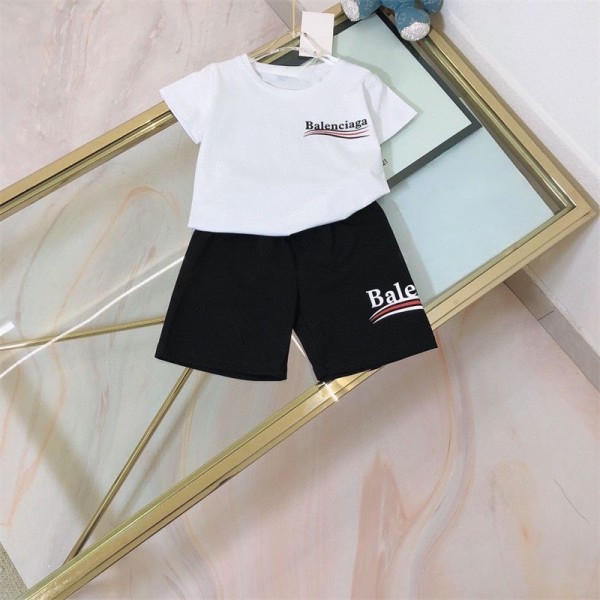 Balenciaga バレンシアガ ブランドキッズ ボーイズ 男の子 半袖tシャツ2点セット 90 - 160cm 上下セットジャージ 半袖Tシャツ ショートパンツ 夏服 小学生 カジュアル かっこいい アウトドアスポーツ スウェット ルームウェア