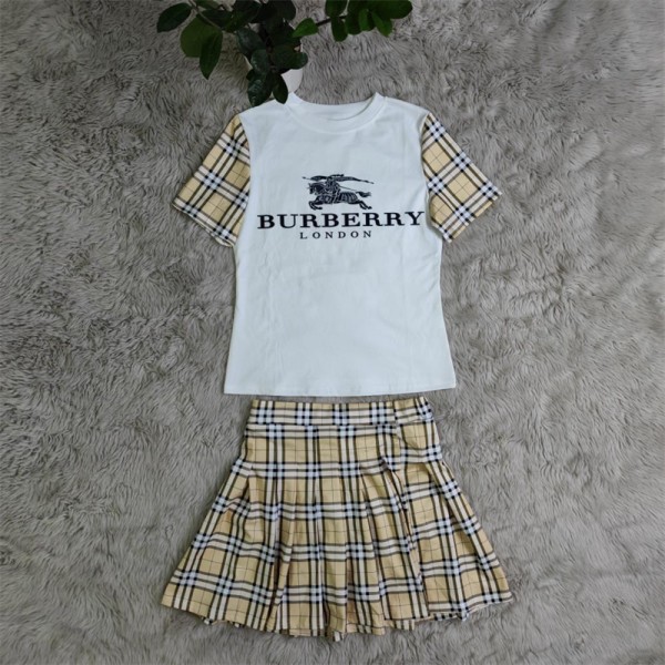 バーバリー tシャツ スカート2点セットハイブランドBurberry 定番チェック柄 おしゃれ セットアップ 夏 着心地抜群 半袖 tシャツ 半スカート