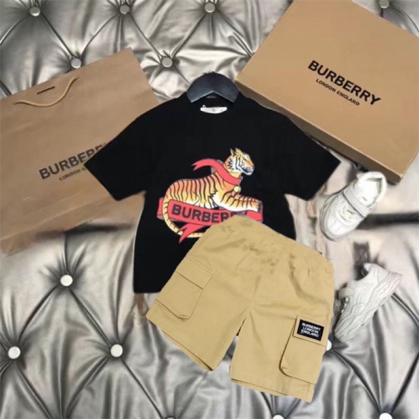 バーバリー キッズtシャツ 半パンツブランド Burberry かっこいい虎柄 子供服 2点セット 少年 ボーイ セットアップ服 通学 遊び 90cm-160cm