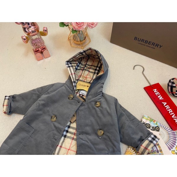 Burberryベビー服 バーバリーハイブランド子供服 綿服 中綿コート フード付き 防寒 ダウンジャケット 73-80-90-100cm パーカー ロング丈 秋冬 キッズ ベンチコート ゆったり 通学 厚手 ブルゾン 可愛