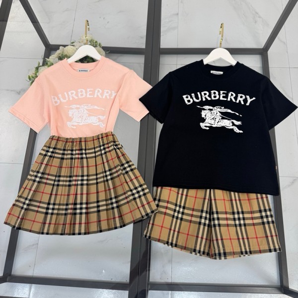 Burberry バーバリーブランド風 キッズ服 セットアップ 男女兼用 半袖Tシャツ チェック柄 ミニスカート/ショーツ 子供服 おしゃれ コットン 上着 トップス 90-160cm