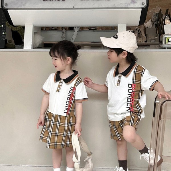 Burberry バーバリーハイブランドキッズ服 チェック柄ワンピース 子供セットアップ 男女兼用 半袖ポロシャツ ショーツ 夏服 おしゃれ 通気性 90-150CM