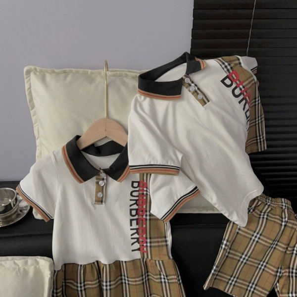 Burberry バーバリーハイブランドキッズ服 チェック柄ワンピース 子供セットアップ 男女兼用 半袖ポロシャツ ショーツ 夏服 おしゃれ 通気性 90-150CM