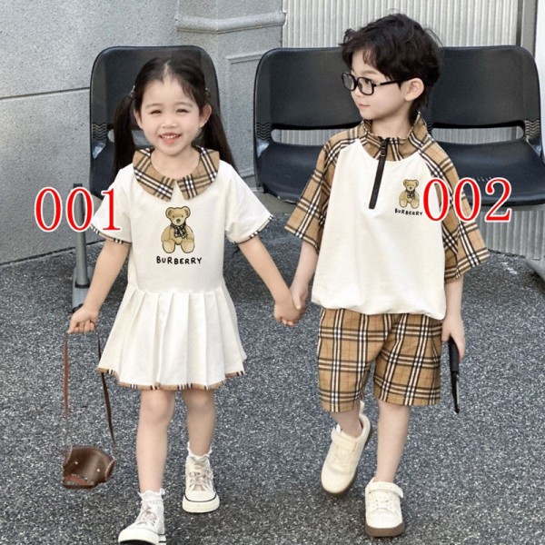 Burberry バーバリーブランド子供服 チェック柄 くまプリント キッズ半袖ワンピース&半袖シャツショートパンツ 男の子 女の子 兄弟姉妹お揃い服 夏服 100-160cm
