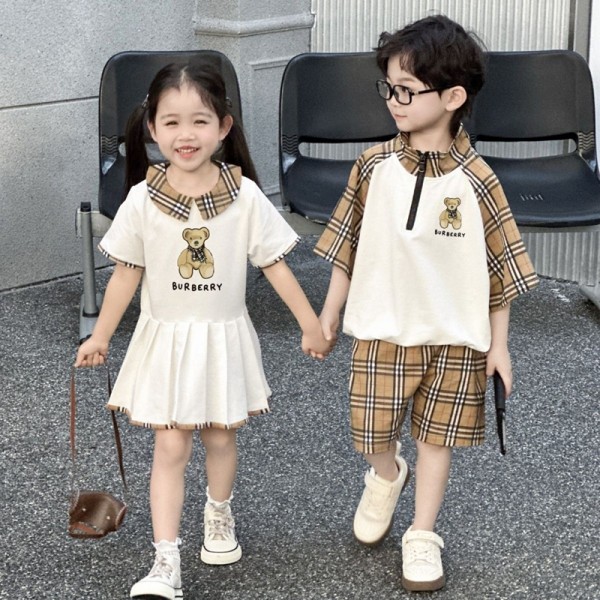 Burberry バーバリーブランド子供服 チェック柄 くまプリント キッズ半袖ワンピース&半袖シャツショートパンツ 男の子 女の子 兄弟姉妹お揃い服 夏服 100-160cm