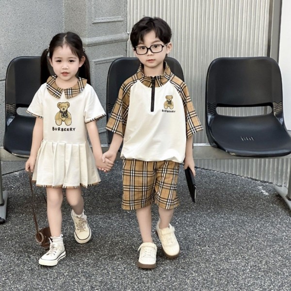 Burberry バーバリーブランド子供服 チェック柄 くまプリント キッズ半袖ワンピース&半袖シャツショートパンツ 男の子 女の子 兄弟姉妹お揃い服 夏服 100-160cm