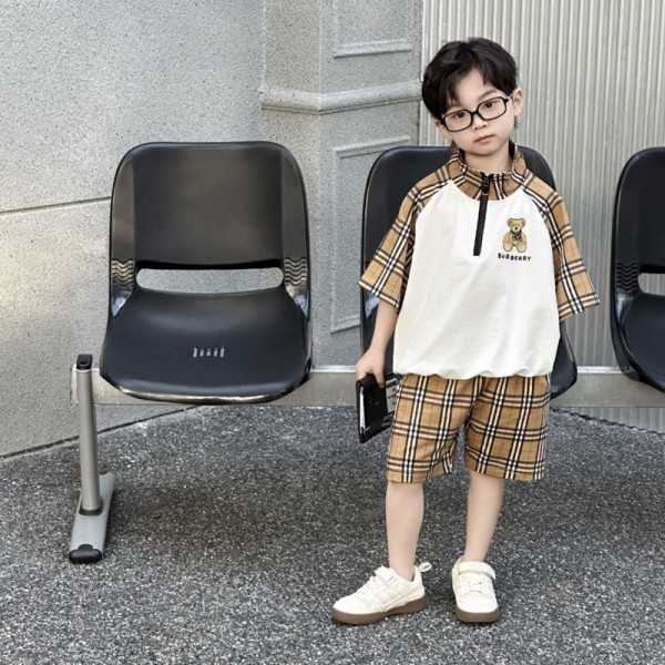 Burberry バーバリーブランド子供服 チェック柄 くまプリント キッズ半袖ワンピース&半袖シャツショートパンツ 男の子 女の子 兄弟姉妹お揃い服 夏服 100-160cm