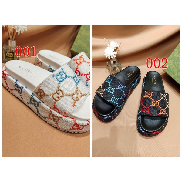 Gucci グッチブランド厚底スリッパ GGカラー総柄 厚底スライドサンダル レディース 白地マルチカラー ミッドソール ルームシューズ カジュアルサマーサンダル 225¬270mm