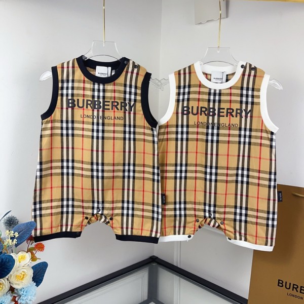 ブランドBurberry バーバリーベビー服 無袖 ロンパース 赤ちゃん服 男の子 夏 肩ボタン フルプリント コットン ロンパース 夏 かわいい おしゃれ 高品質 73¬100cm