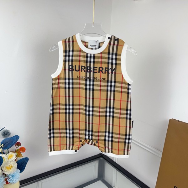 ブランドBurberry バーバリーベビー服 無袖 ロンパース 赤ちゃん服 男の子 夏 肩ボタン フルプリント コットン ロンパース 夏 かわいい おしゃれ 高品質 73¬100cm