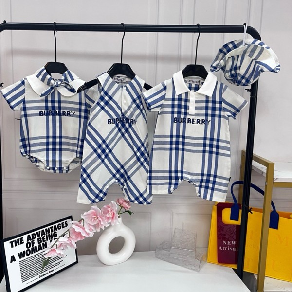 Burberryブランドバーバリーロンパース カバーオール 半袖 新生児 赤ちゃん ベビー服 チェック紋 前開き 全開き 男の子 女の子 ユニ 子供服 夏服 綿100% 半そで 肌着 73¬100cm