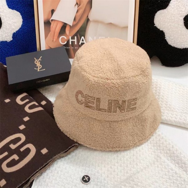 セリーヌ もこもこ帽子ハイブランドCeline 冬 暖かい 無地 バケットハット キャップ レディース愛用 美品アイテム 防風 防寒 漁師の帽子