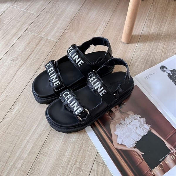 CELINE セリーヌブランド  厚底 スポーツサンダル スポサン ミュール ヒール レディース 225 ¬250cm オープントゥ コンフォートサンダル アンクルストラップ カジュアル のビーチサンダル シンプル 軽い ブラック
