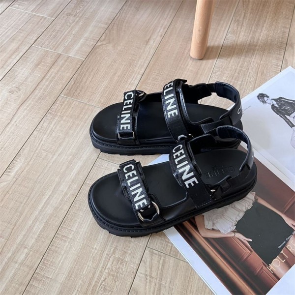 CELINE セリーヌブランド  厚底 スポーツサンダル スポサン ミュール ヒール レディース 225 ¬250cm オープントゥ コンフォートサンダル アンクルストラップ カジュアル のビーチサンダル シンプル 軽い ブラック