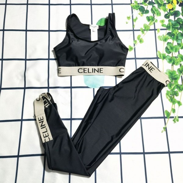 CELINE セリーヌハイブランドヨガウェア レディース スポーツウェア スリムフィット ハイウエストヨガパンツ タイツ スイムウェア ヨガウェア上下セット おしゃれ 通気性 伸縮性 吸汗速乾 トレーニングウェア  S - XL
