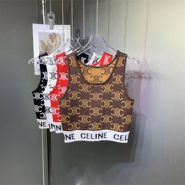 CELINE セリーヌブランドタンクトップ レディース トップス ニット ノースリーブ ショート丈 へそ出し重ね着 夏 キャミソール Tシャツ 薄手 カットソー キャミソール モノグラム柄