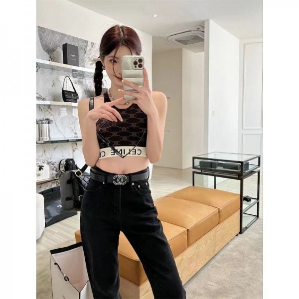 CELINE セリーヌブランドタンクトップ レディース トップス ニット ノースリーブ ショート丈 へそ出し重ね着 夏 キャミソール Tシャツ 薄手 カットソー キャミソール モノグラム柄