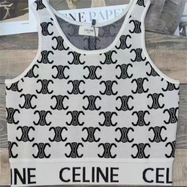 CELINE セリーヌブランドタンクトップ レディース トップス ニット ノースリーブ ショート丈 へそ出し重ね着 夏 キャミソール Tシャツ 薄手 カットソー キャミソール モノグラム柄