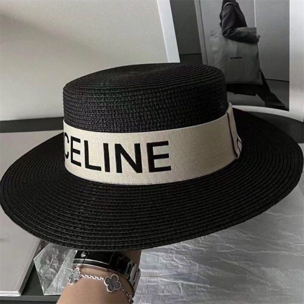 CELINE セリーヌブランド夏春 麦わら帽子レディース ビーチ 日焼け止め ストローハット 小顔効果 あご紐 折りたたみ ガーデニング 旅行 海 防紫外線 UVカット 天然素材 通気性