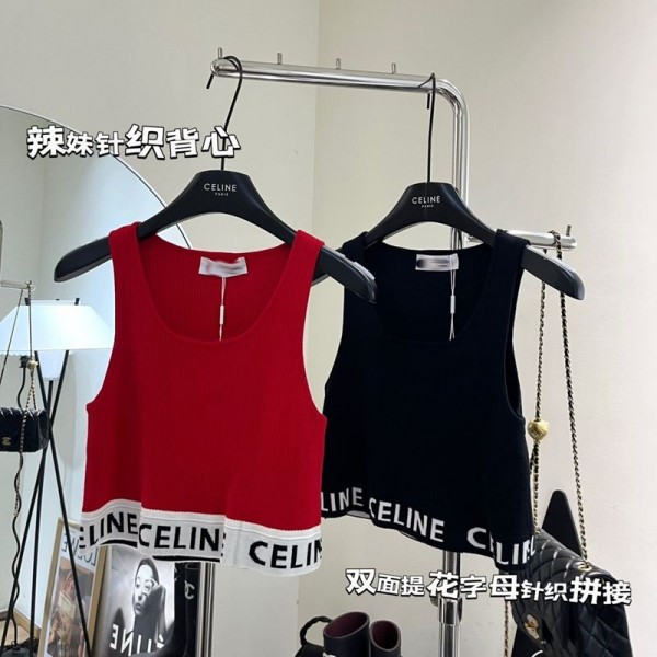 CELINE セリーヌブランドタンクトップ レディース トップス ニット ノースリーブ ショート丈 へそ出し重ね着 夏 キャミソール Tシャツ 薄手 カットソー キャミソ サマーニット 無地 薄手