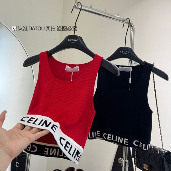 CELINE セリーヌブランドタンクトップ レディース トップス ニット ノースリーブ ショート丈 へそ出し重ね着 夏 キャミソール Tシャツ 薄手 カットソー キャミソ サマーニット 無地 薄手