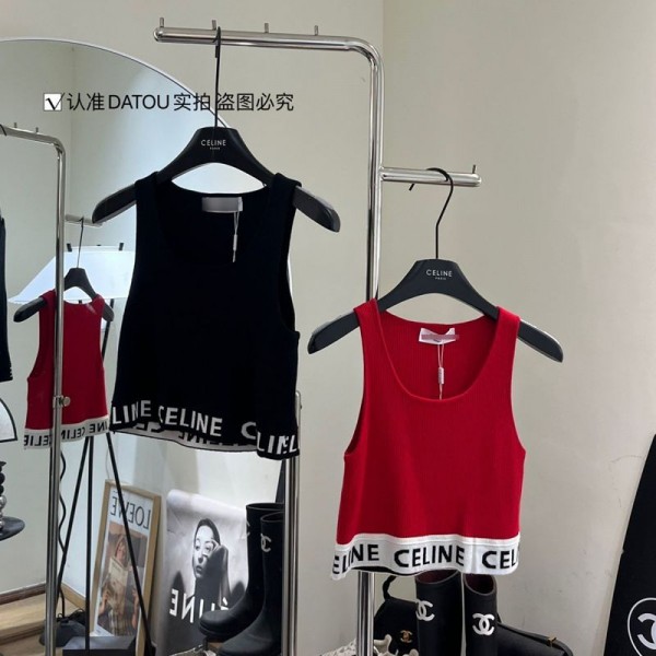 CELINE セリーヌブランドタンクトップ レディース トップス ニット ノースリーブ ショート丈 へそ出し重ね着 夏 キャミソール Tシャツ 薄手 カットソー キャミソ サマーニット 無地 薄手