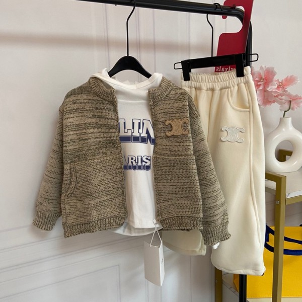 CELINE セリーヌブランド子供服 ジャージセット 3点セットアップ キッズ 女の子 カーディガンコート スウェットセットアップ スウェット ジップパーカー ロングパンツ 上下セット スポーツウェア カジュアル 100¬160cm ゆったり おしゃれ 可愛い ガールズ 春秋服 通学