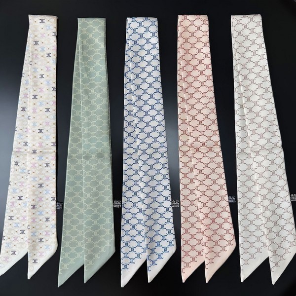 CELINE ブランドセリーヌ風 細長スカーフ ツイリー ネクタイ型 シルク風 5色 バッグリボン ヘアアクセサリー レディース 高級感 90cm