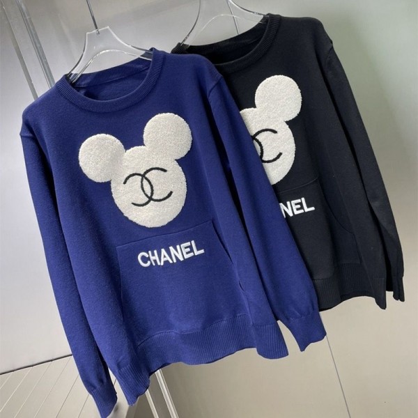 シャネル セーターブランドパロディCHANEL 高品質ニットレディース向けかわいいミッキー付き ゆったりセータートップス 秋冬 着瘦せコーデ上着 快適 プルオーバー