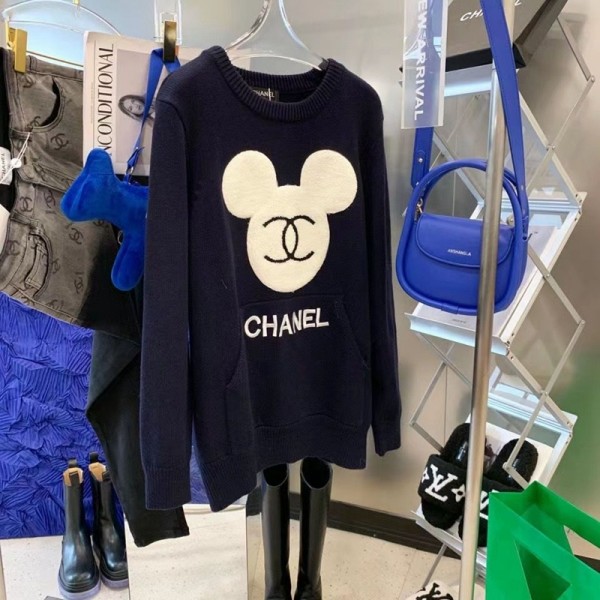 シャネル セーターブランドパロディCHANEL 高品質ニットレディース向けかわいいミッキー付き ゆったりセータートップス 秋冬 着瘦せコーデ上着 快適 プルオーバー