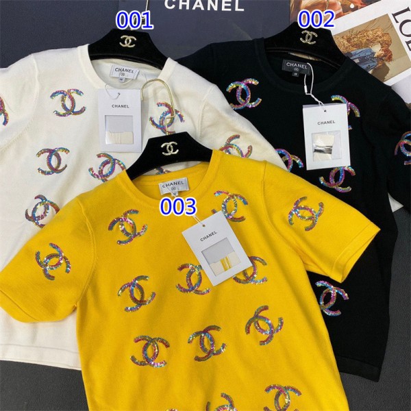 シャネルブランド tシャツ おしゃれ 高品質 半袖 tシャツChanel 刺繍ロゴ キラキラ 丸首 tシャツ カジュアル コットン肌に優しいtシャツ