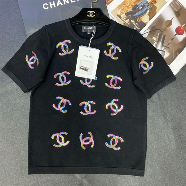 シャネルブランド tシャツ おしゃれ 高品質 半袖 tシャツChanel 刺繍ロゴ キラキラ 丸首 tシャツ カジュアル コットン肌に優しいtシャツ