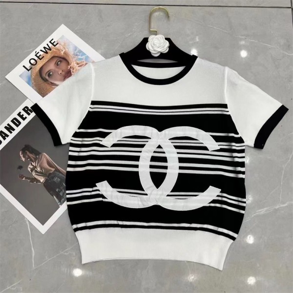 シャネル ブランドニットtシャツ シンプル 定番 黒白2色 半袖 tシャツ 上着 ニットスウェット Chanel 丸首 カジュアル 薄手 ニット 女 通勤