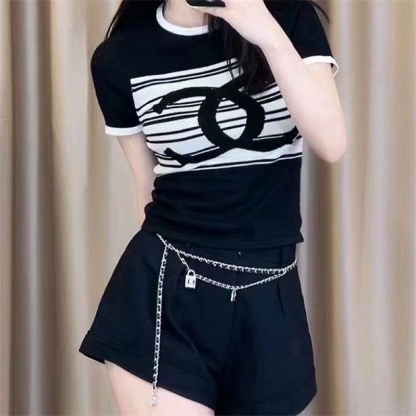 シャネル ブランドニットtシャツ シンプル 定番 黒白2色 半袖 tシャツ 上着 ニットスウェット Chanel 丸首 カジュアル 薄手 ニット 女 通勤