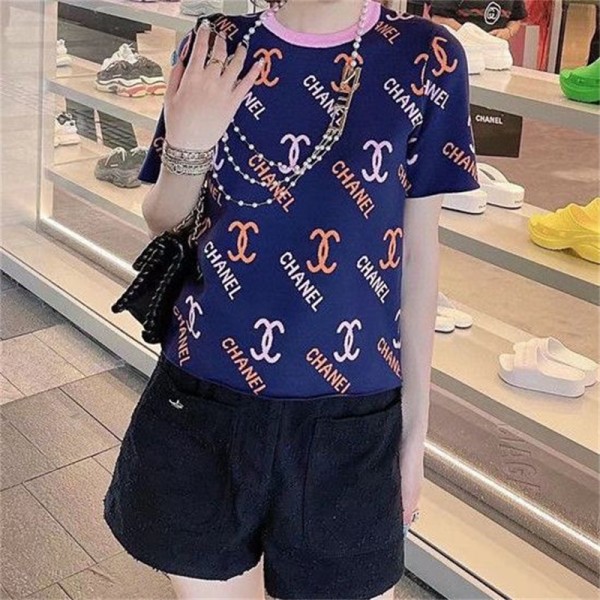 シャネルブランドｔシャツ Chanel 定番ロゴ 可愛い ニットtシャツ トップス 女性 大人っぽい 柔らかい ニット 上着 気質 着瘦せ 丸首 tシャツ