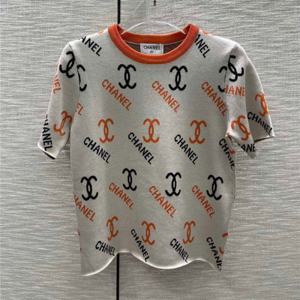 シャネルブランドｔシャツ Chanel 定番ロゴ 可愛い ニットtシャツ トップス 女性 大人っぽい 柔らかい ニット 上着 気質 着瘦せ 丸首 tシャツ