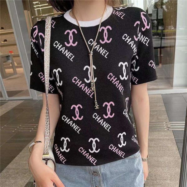 シャネルブランドｔシャツ Chanel 定番ロゴ 可愛い ニットtシャツ トップス 女性 大人っぽい 柔らかい ニット 上着 気質 着瘦せ 丸首 tシャツ