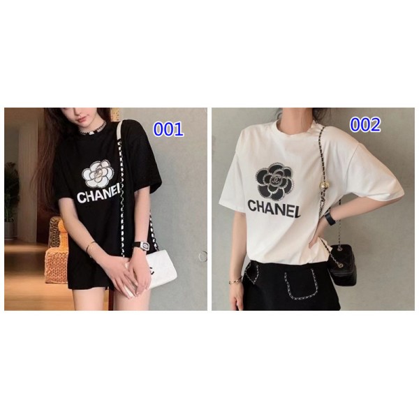 シャネル tシャツハイブランド Chanel おしゃれ ツバキ柄 半袖 tシャツ 上着 レディース向け オーバーサイズ ゆったり ティーシャツ トップス 夏