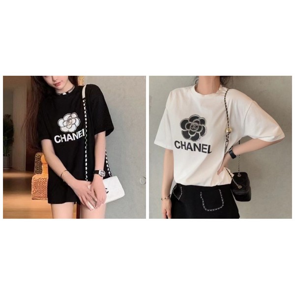 シャネル tシャツハイブランド Chanel おしゃれ ツバキ柄 半袖 tシャツ 上着 レディース向け オーバーサイズ ゆったり ティーシャツ トップス 夏