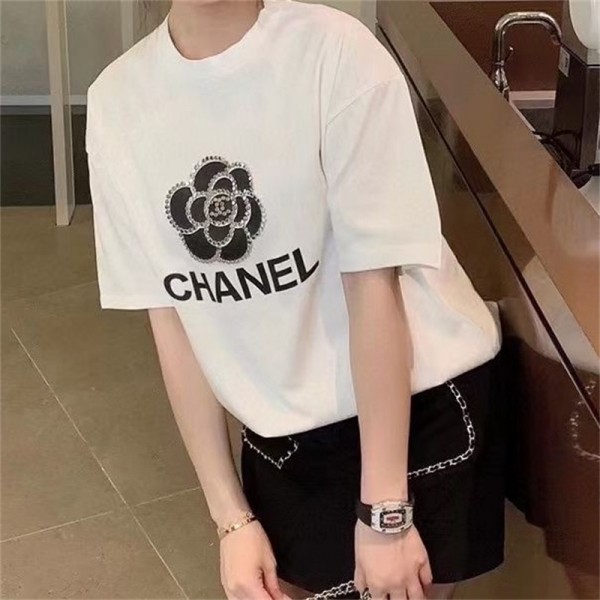 シャネル tシャツハイブランド Chanel おしゃれ ツバキ柄 半袖 tシャツ 上着 レディース向け オーバーサイズ ゆったり ティーシャツ トップス 夏